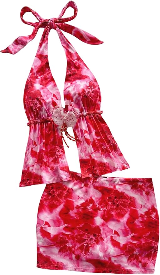 Women's Summer Two Piece Outfit Floral Open Back Halter Top and Skirt Matching Set