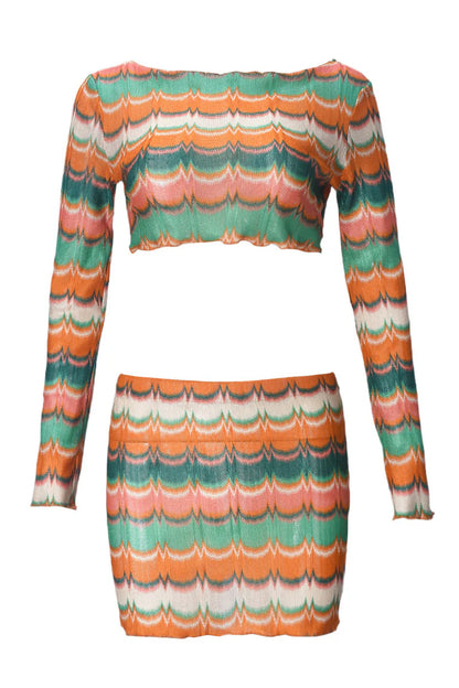 Multicolor Wave Striped Long Sleeve Mini Skirt Set