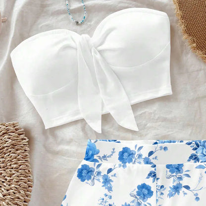 Blue Retro Floral Pattern Vintage Style Casual Vacation Two-Piece Outfit