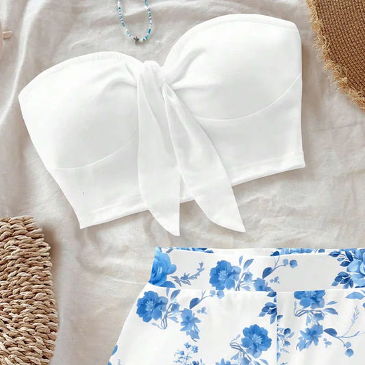 Blue Retro Floral Pattern Vintage Style Casual Vacation Two-Piece Outfit