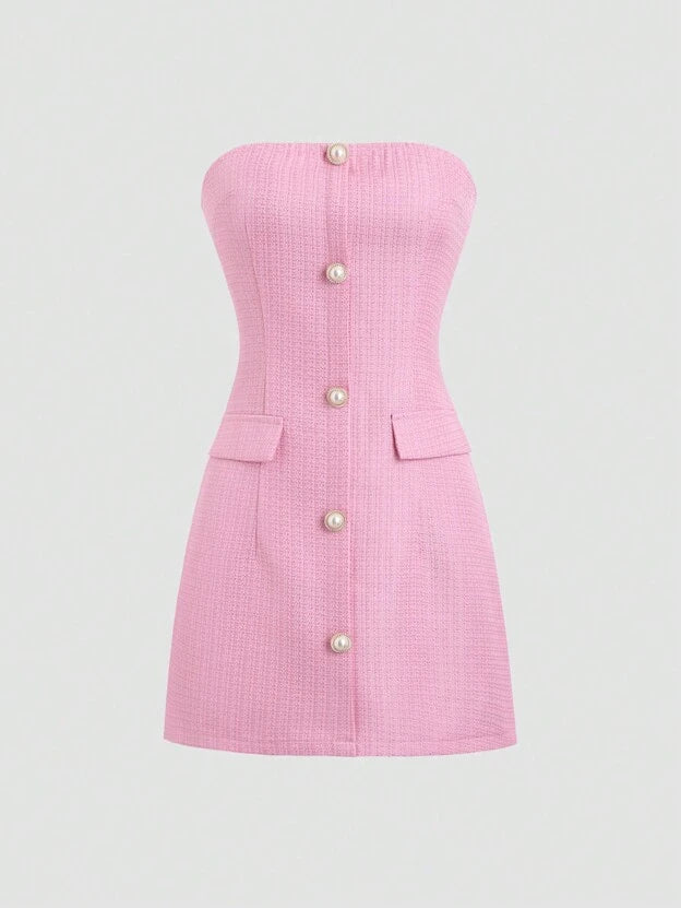 Pink Summer Dress with Faux Pearl Button Decor