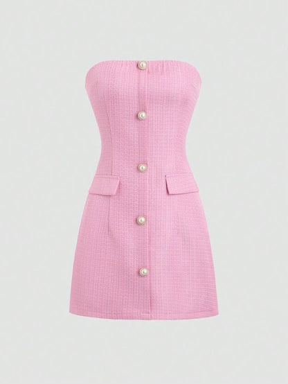 Pink Summer Dress with Faux Pearl Button Decor