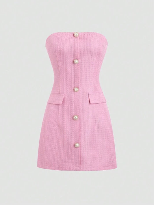 Pink Summer Dress with Faux Pearl Button Decor