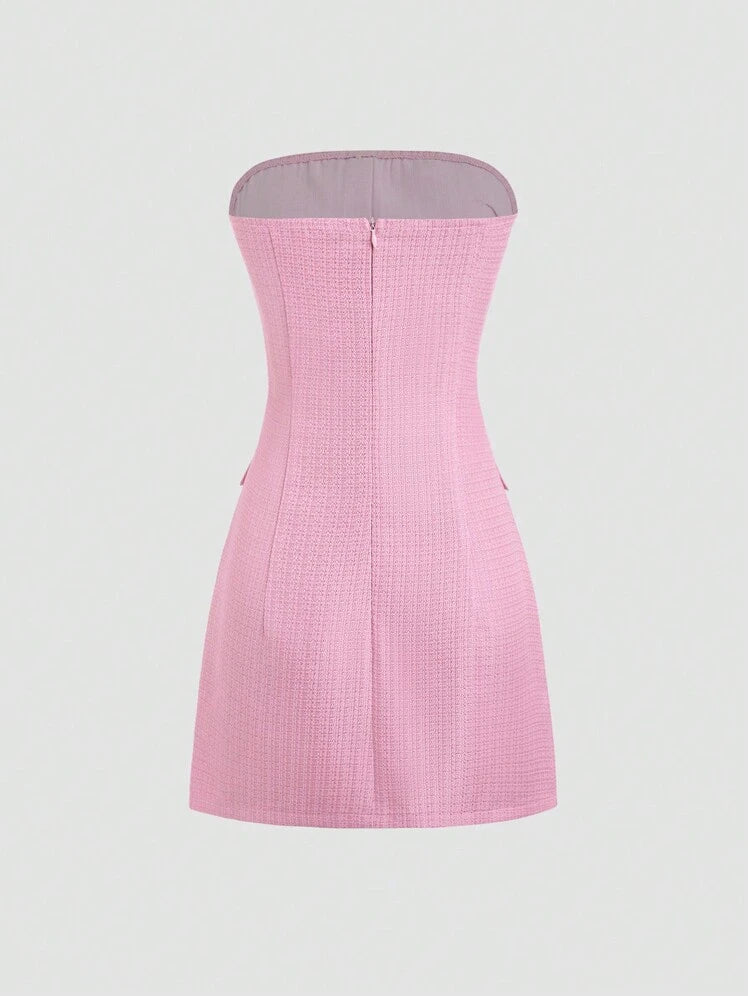 Pink Summer Dress with Faux Pearl Button Decor