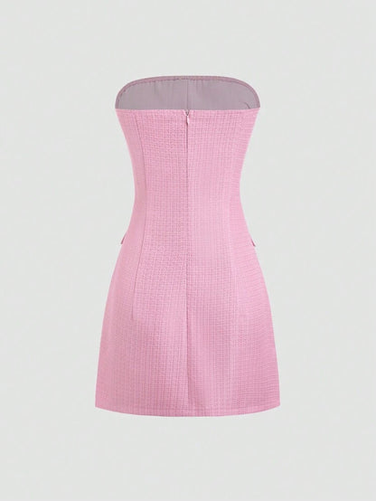 Pink Summer Dress with Faux Pearl Button Decor