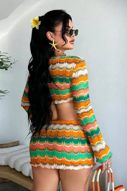 Multicolor Wave Striped Long Sleeve Mini Skirt Set
