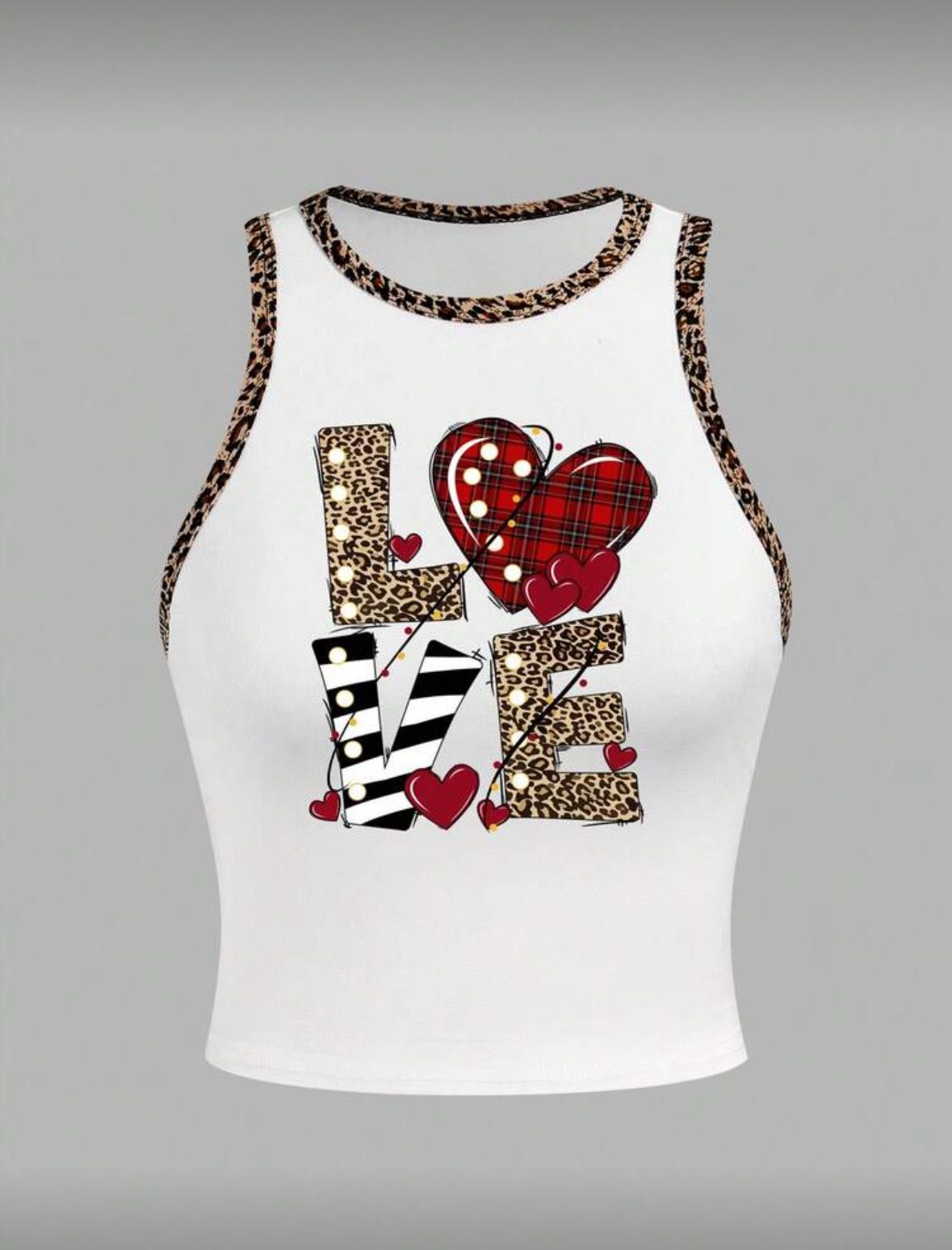 Pink Leopard Plaid Striped Print "Love" Graphic Casual Minimalist Round Neck Tank Top