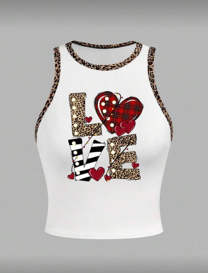 Pink Leopard Plaid Striped Print "Love" Graphic Casual Minimalist Round Neck Tank Top