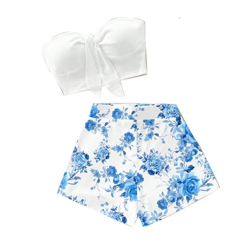 Blue Retro Floral Pattern Vintage Style Casual Vacation Two-Piece Outfit