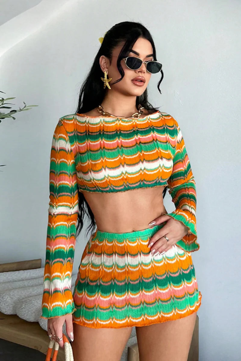 Multicolor Wave Striped Long Sleeve Mini Skirt Set