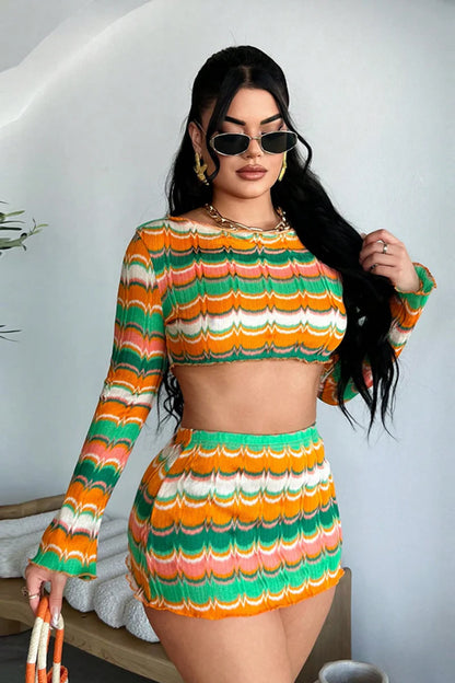Multicolor Wave Striped Long Sleeve Mini Skirt Set