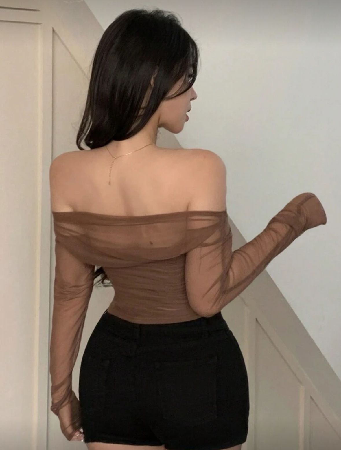 Women’s Elastic Mesh Sheer Off-Shoulder Top
