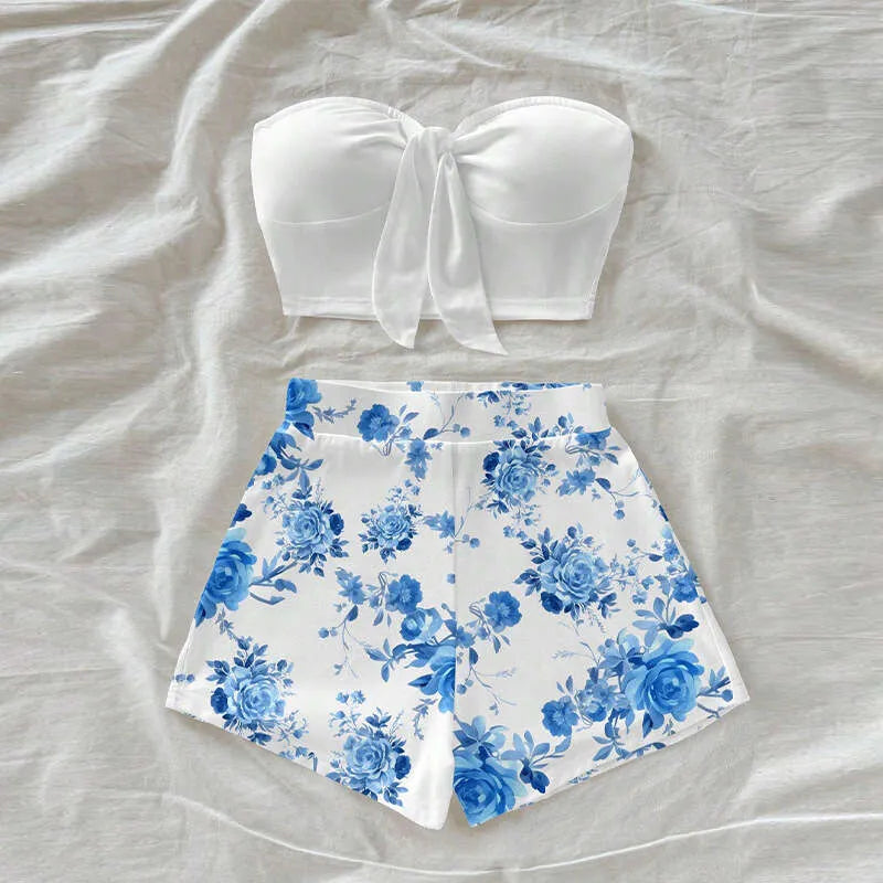Blue Retro Floral Pattern Vintage Style Casual Vacation Two-Piece Outfit