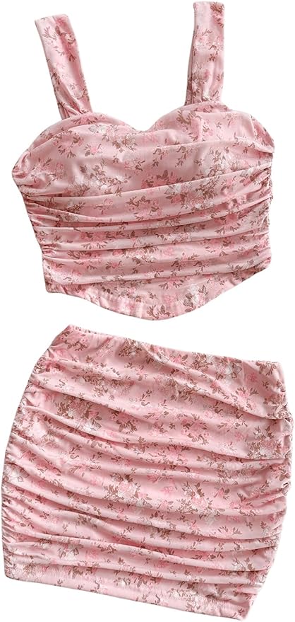 Two Piece Floral Print Ruched Crop Tank Top and Bodycon Skirt Set