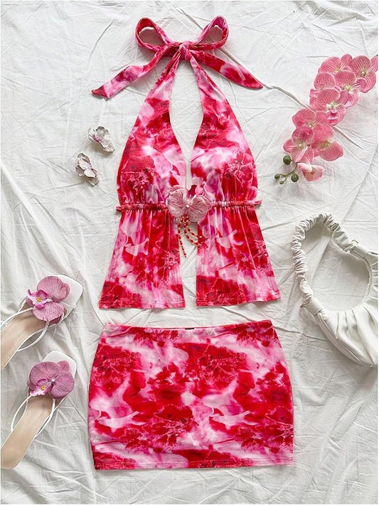 Women's Summer Two Piece Outfit Floral Open Back Halter Top and Skirt Matching Set