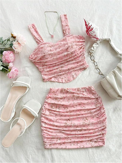 Two Piece Floral Print Ruched Crop Tank Top and Bodycon Skirt Set