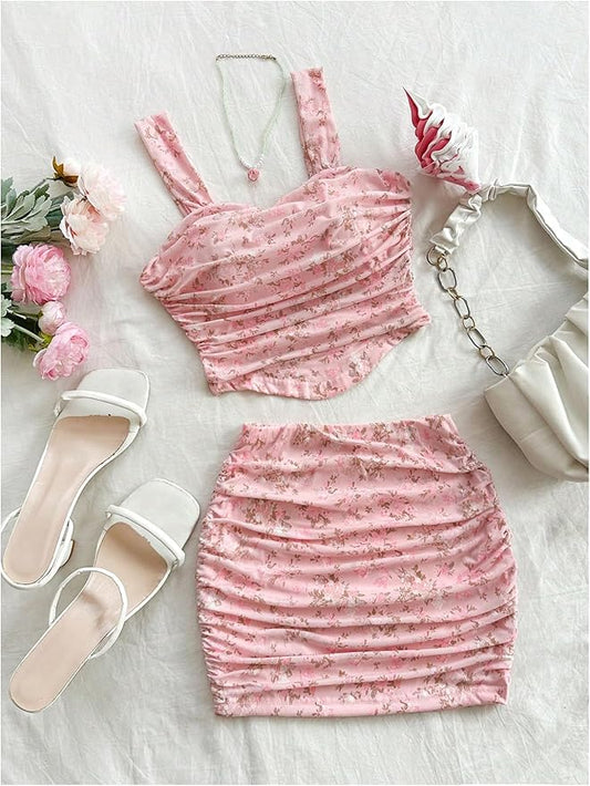 Two Piece Floral Print Ruched Crop Tank Top and Bodycon Skirt Set