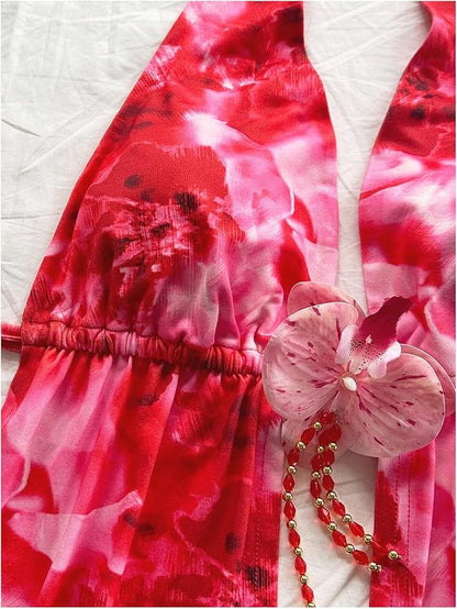 Women's Summer Two Piece Outfit Floral Open Back Halter Top and Skirt Matching Set