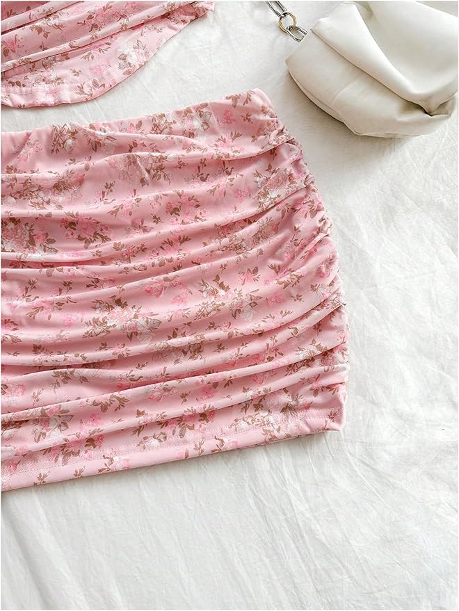 Two Piece Floral Print Ruched Crop Tank Top and Bodycon Skirt Set