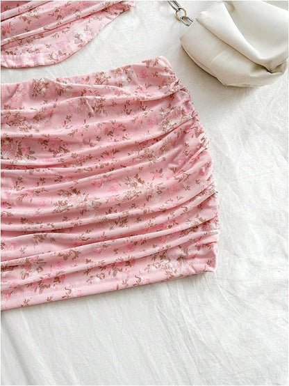 Two Piece Floral Print Ruched Crop Tank Top and Bodycon Skirt Set