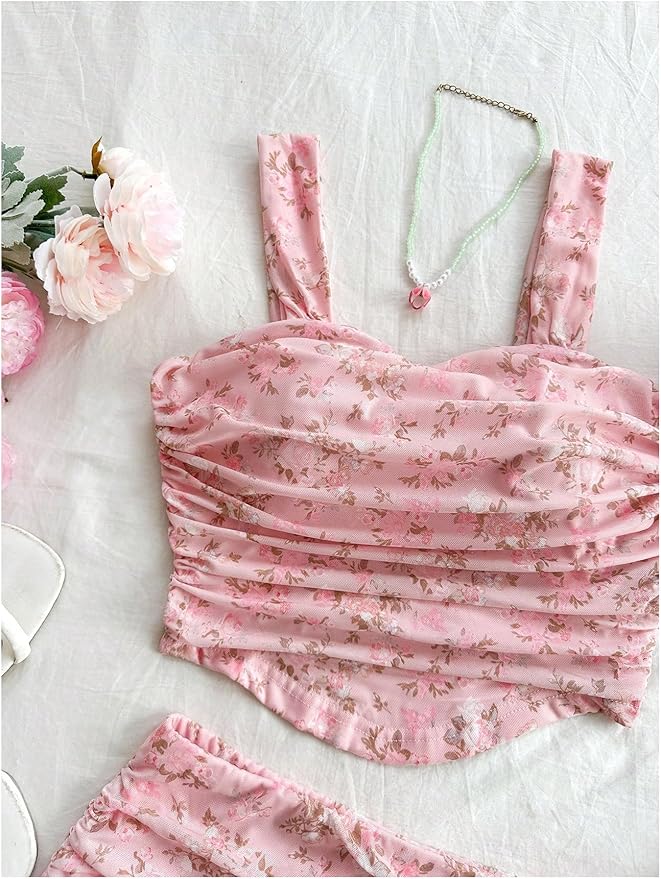 Two Piece Floral Print Ruched Crop Tank Top and Bodycon Skirt Set