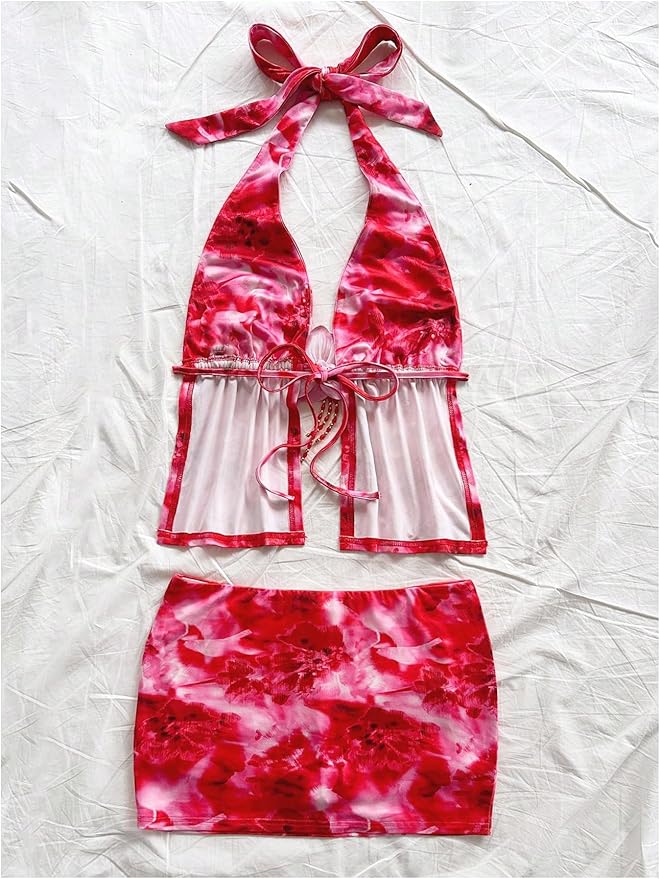 Women's Summer Two Piece Outfit Floral Open Back Halter Top and Skirt Matching Set