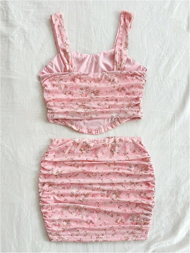 Two Piece Floral Print Ruched Crop Tank Top and Bodycon Skirt Set