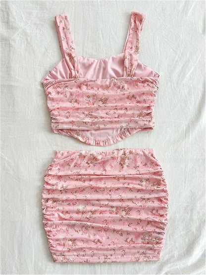 Two Piece Floral Print Ruched Crop Tank Top and Bodycon Skirt Set