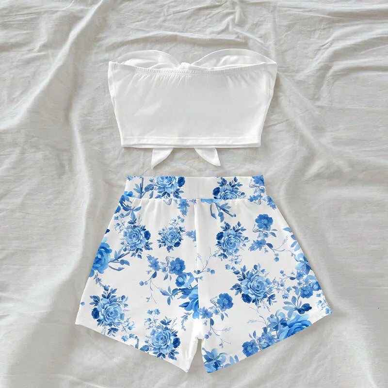 Blue Retro Floral Pattern Vintage Style Casual Vacation Two-Piece Outfit