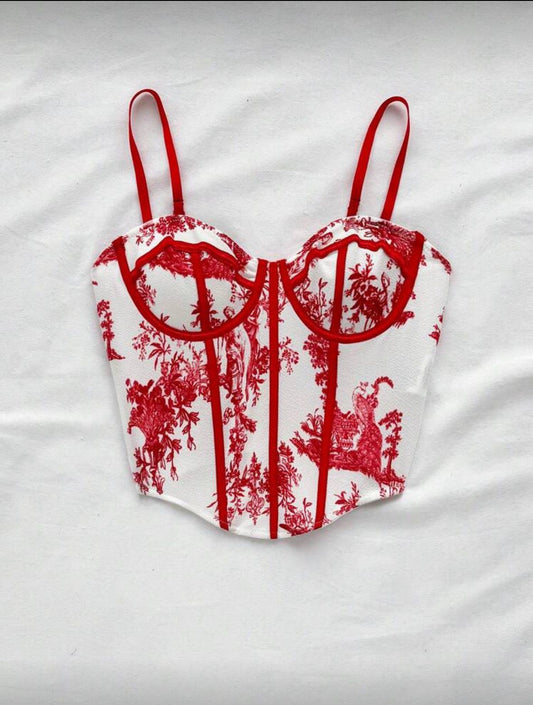 Vintage Floral Red Lace-Up Corset Top