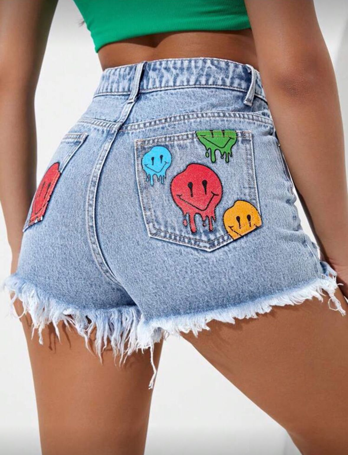 Cartoon Face Print Raw Hem Denim Shorts