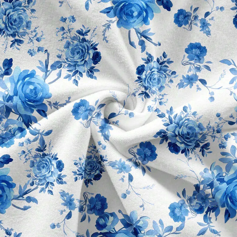 Blue Retro Floral Pattern Vintage Style Casual Vacation Two-Piece Outfit